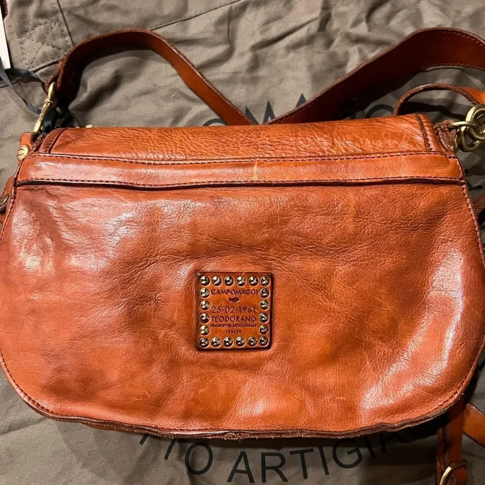 Campomaggi x Free People Salvatore Shearling Trim Leather Shoulder Bag in Cognac - Picture 9 of 15